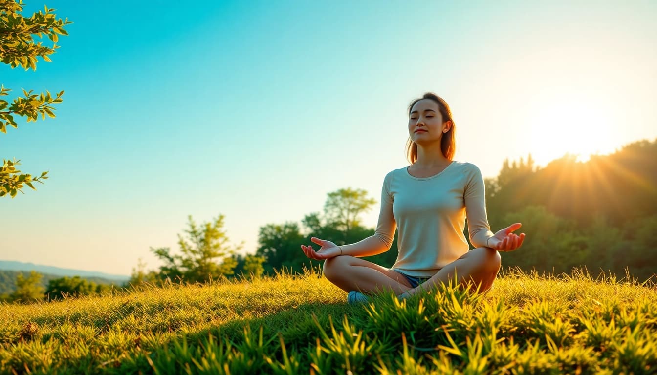 Emphasizing emotional wellbeing, a person meditates peacefully in a serene natural setting.