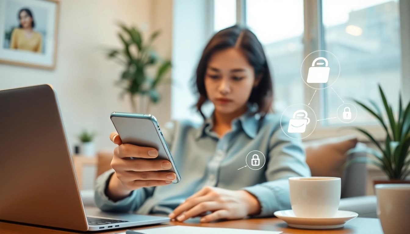 Engaging user with Potato下载 app in a modern workspace, highlighting security features.