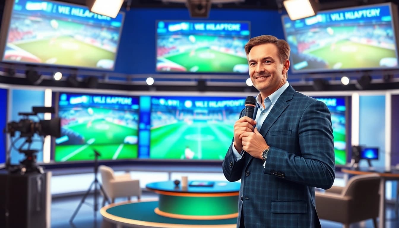 Sports Broadcasting anchor presenting live events in a dynamic studio environment.