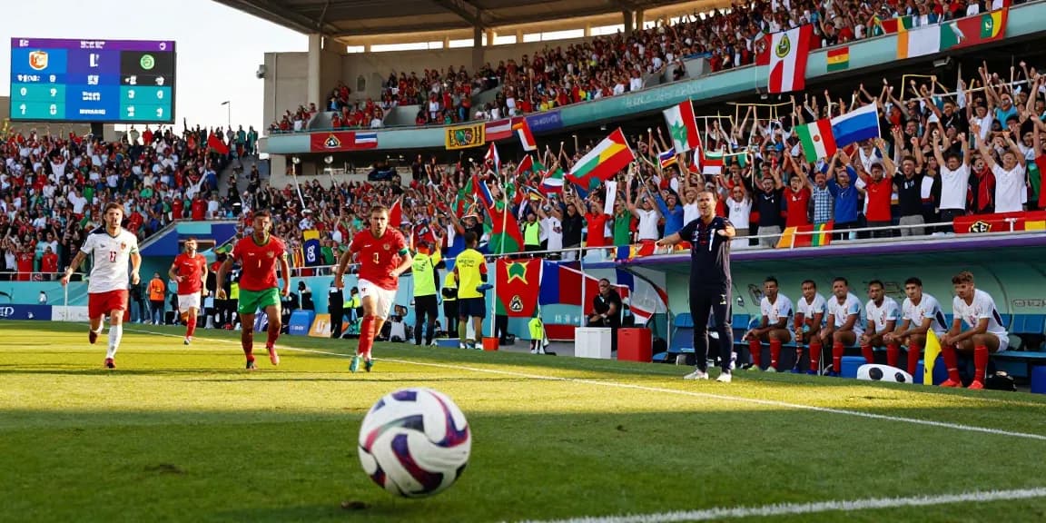 World Cup soccer match action scene capturing excitement on https://bongdata.net/ with players, fans, and vibrant atmosphere.