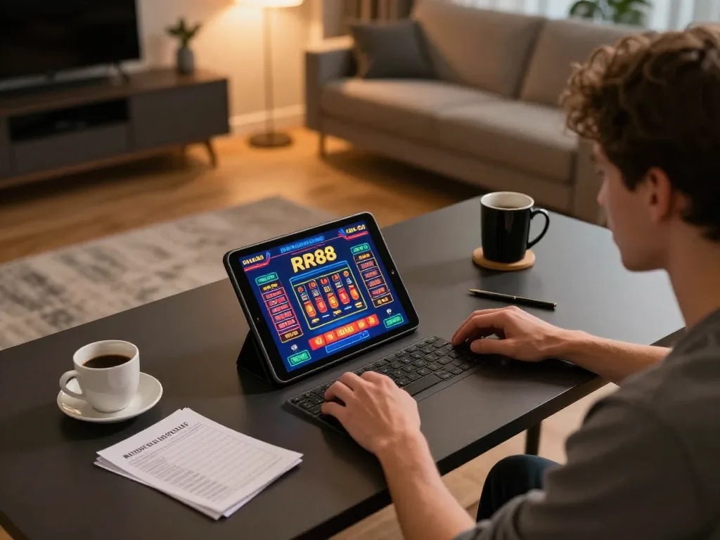 Engage in online casino fun with rr88 gratis at a cozy home gaming setup, showcasing a tablet with vibrant gambling visuals.
