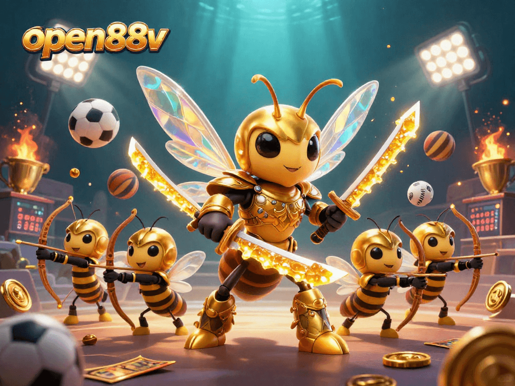 Bet on open88v with a dynamic casino scene featuring golden hornet samurai and sports elements