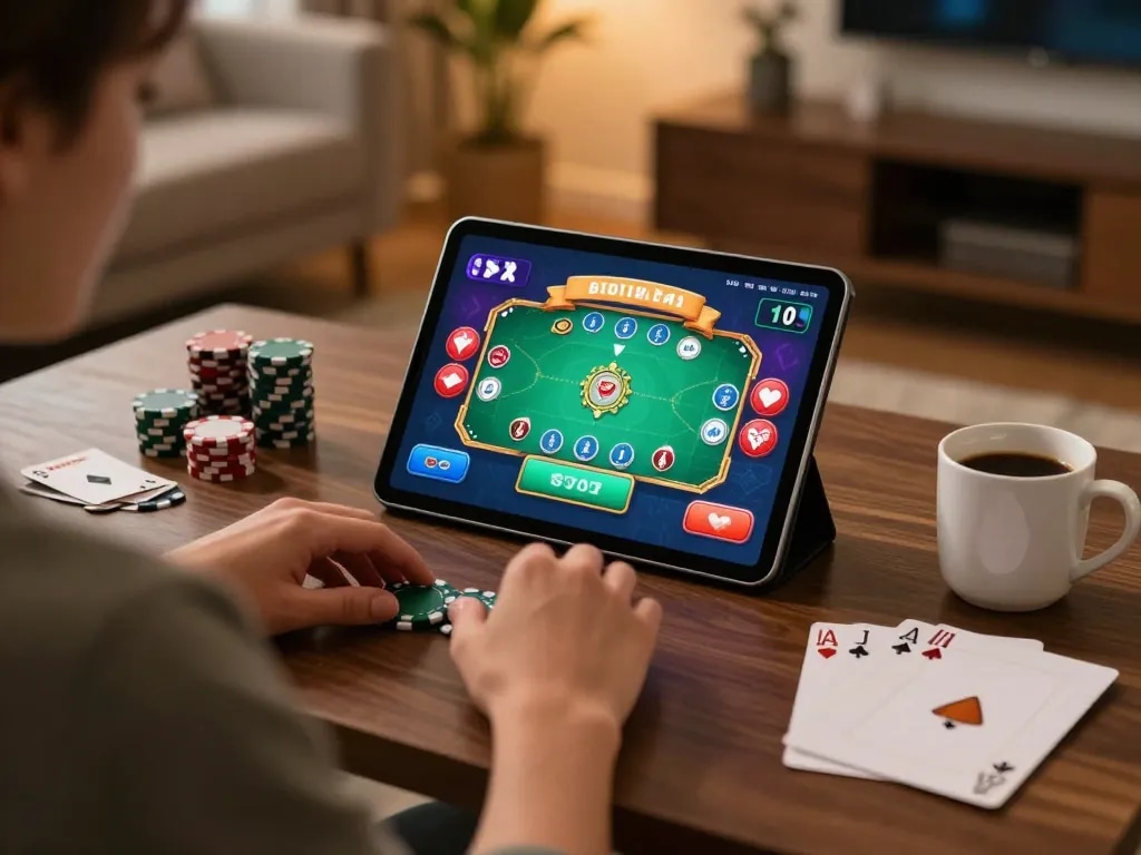 Engaging in vip66 online poker gaming with a relaxed home setup and strategic notes.
