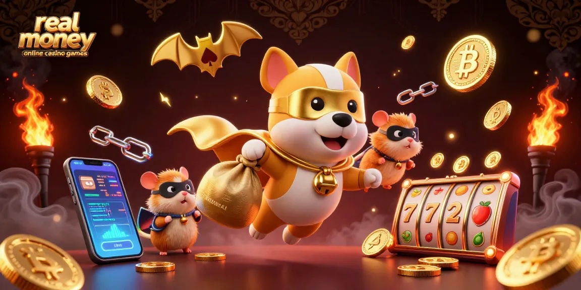 Experience thrilling real money online casino games with a superhero dog and sidekick amidst glowing slot elements.