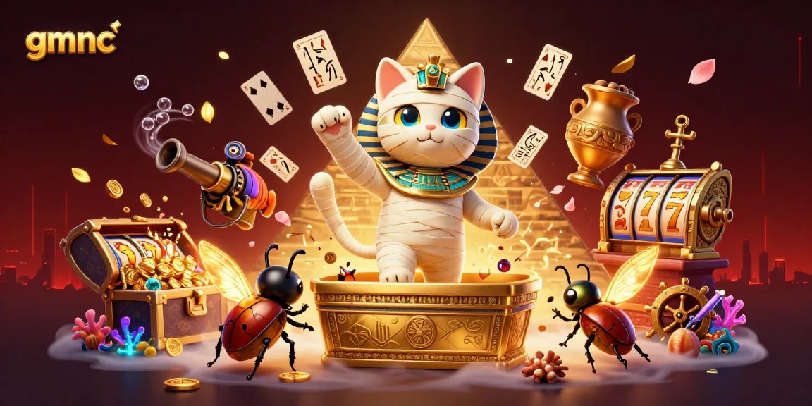 Engage with gmnc as a 3D Egyptian mummy cat bursts from a golden sarcophagus in a lively casino scene.