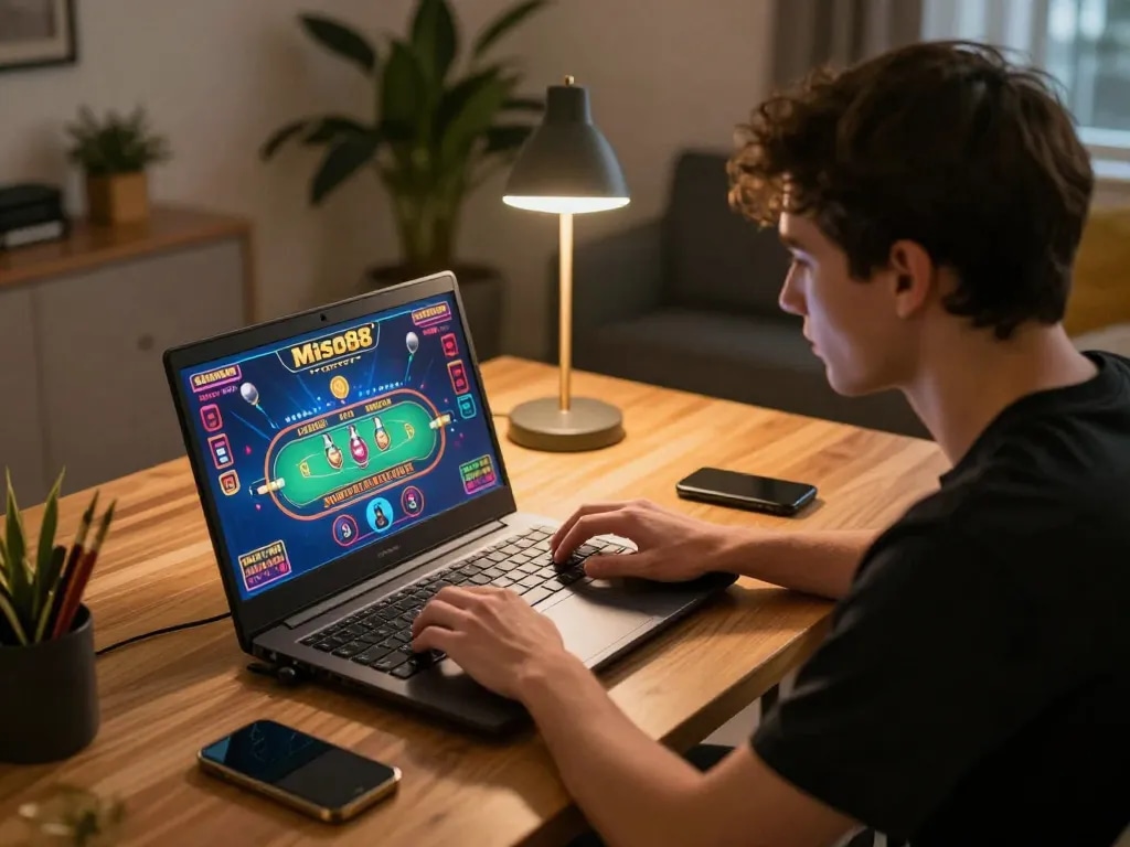 Miso88 online gaming scene with a player engaged in virtual poker gameplay at home.