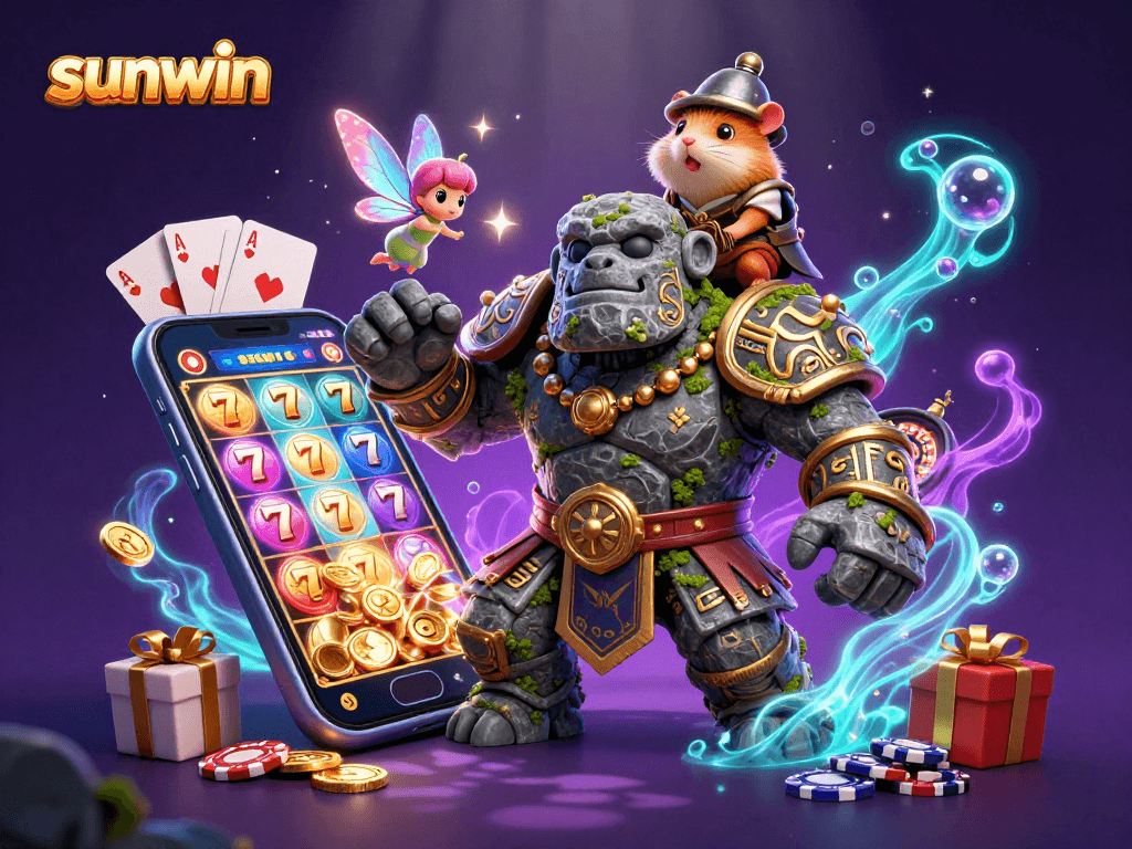 Experience the excitement of sunwin with a magical scene featuring a golem guardian, a fairy, and a hamster knight.