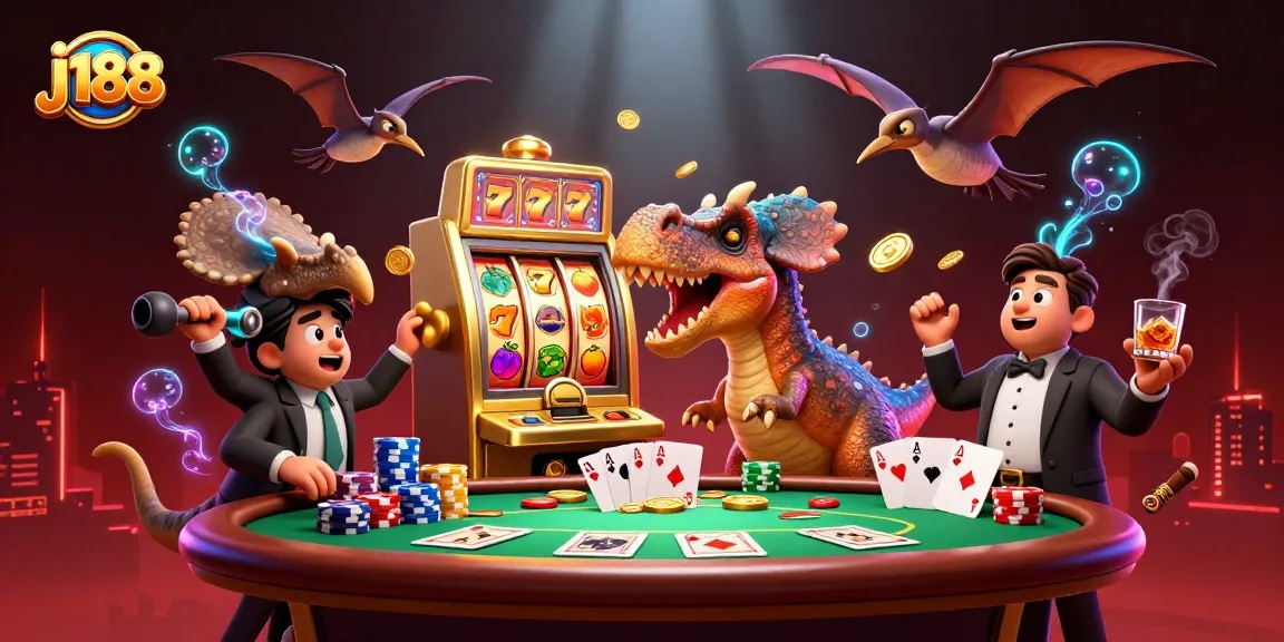 j188 attracts gamers with a pachycephalosaurus hitting a slot machine for massive jackpots