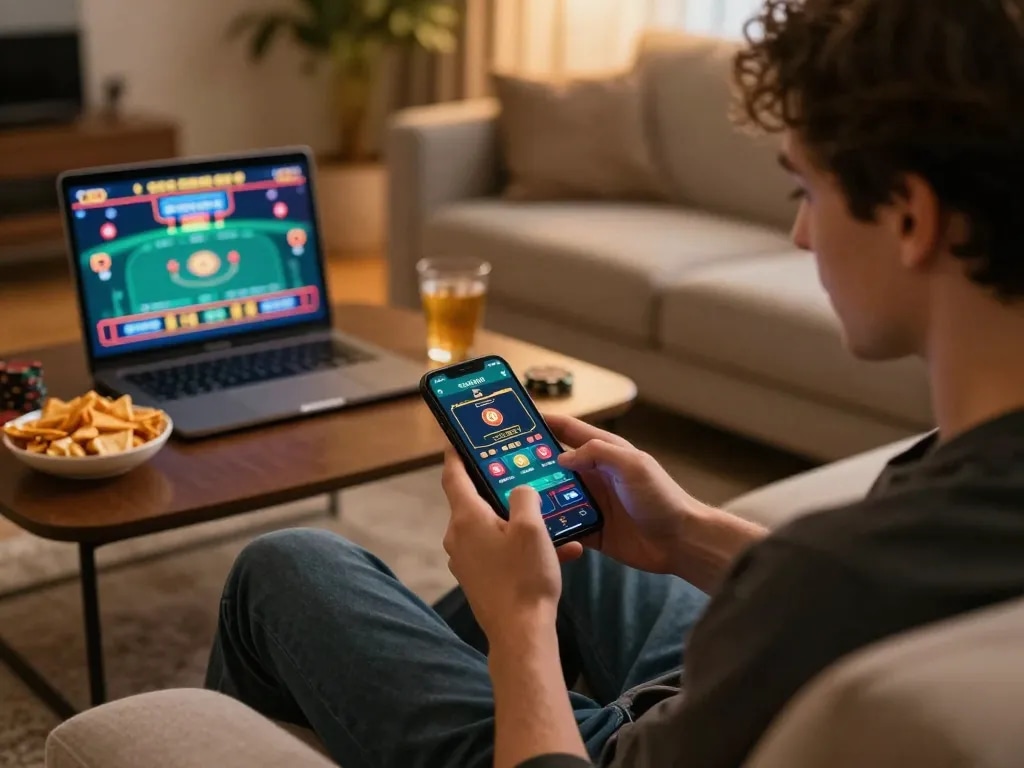 Person engaging with the o8 app for strategic online gambling in a cozy home environment.