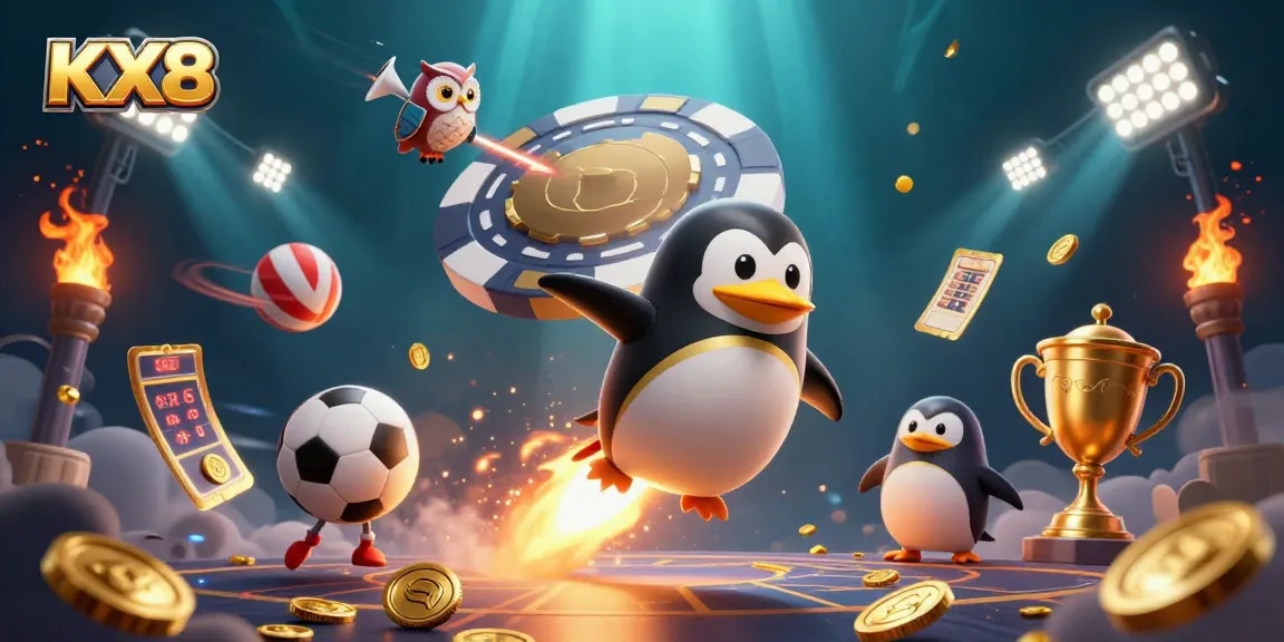 KX8 features a golden penguin and casino elements creating an exciting gaming atmosphere.