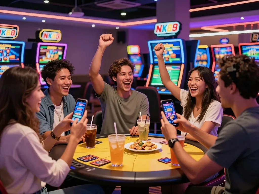 Friends enjoying a big win at NK88 casino gaming kiosk with vibrant atmosphere.