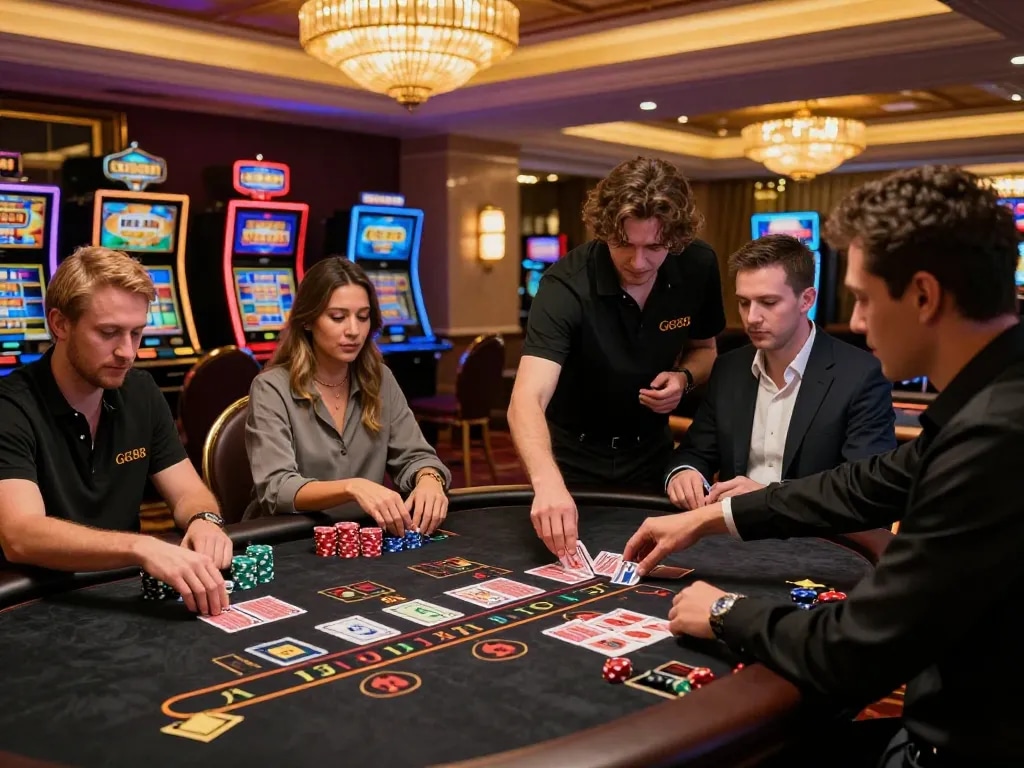 Players engaging in a thrilling blackjack game at GG88 casino, surrounded by luxurious decor and ambient lighting.