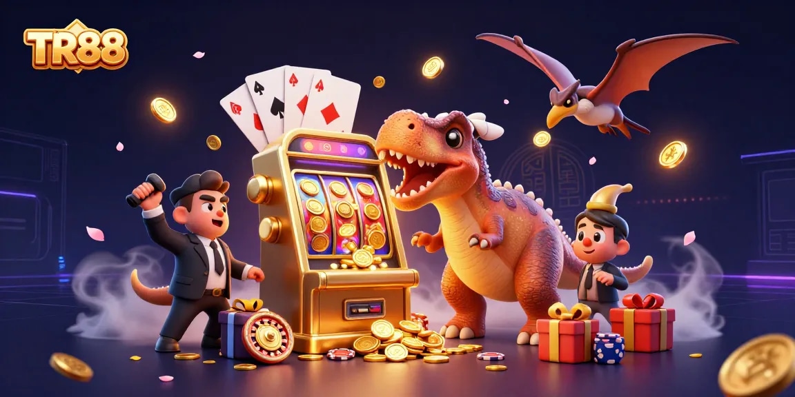 TR88 casino scene with animated dinosaurs, a jackpot slot machine, and flying coins in action.