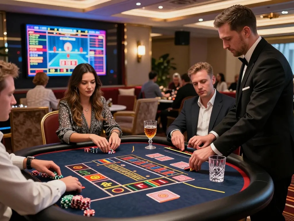 Engaging luxury gaming atmosphere at https://ko66a.uk.com/ with players at roulette table and modern decor.