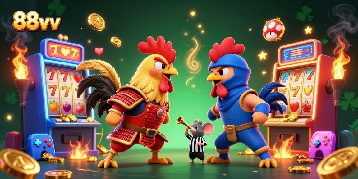 Engage in thrilling 88vv slot battles with fighting roosters amidst vibrant casino graphics.