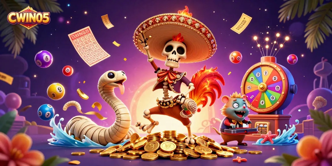 CWIN05 celebrates casino excitement with a vibrant scene of lucky characters enjoying games and prizes.