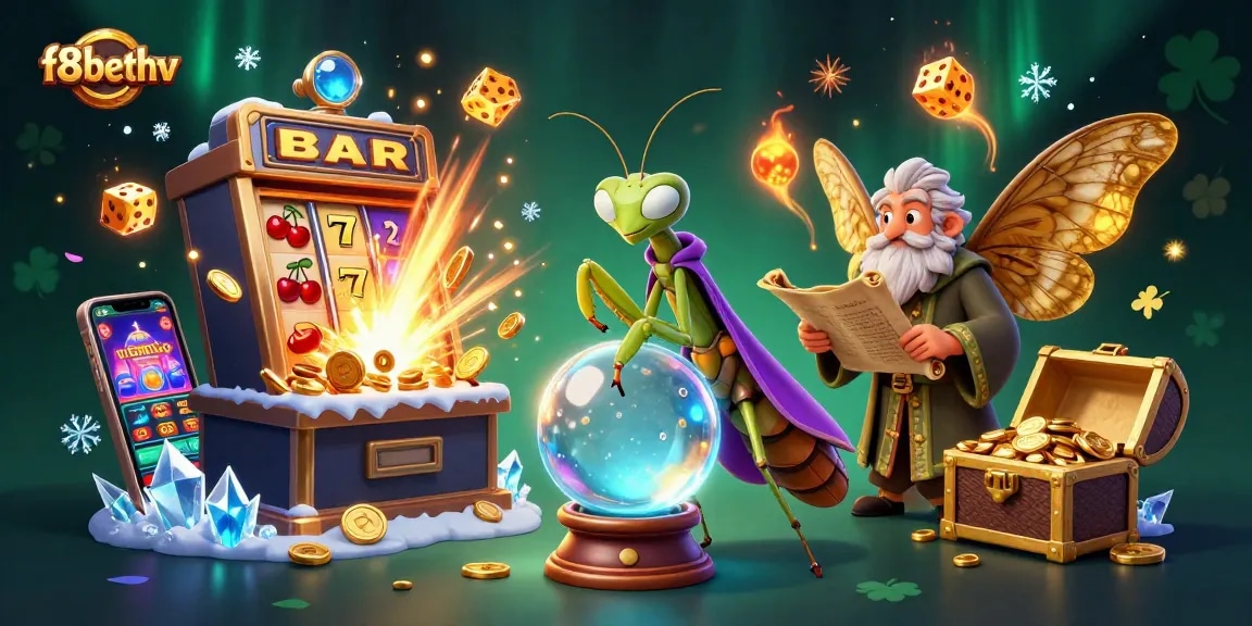 Explore f8bethv with vibrant casino magic, featuring a praying mantis fortune teller among sparkling slot machine chaos.
