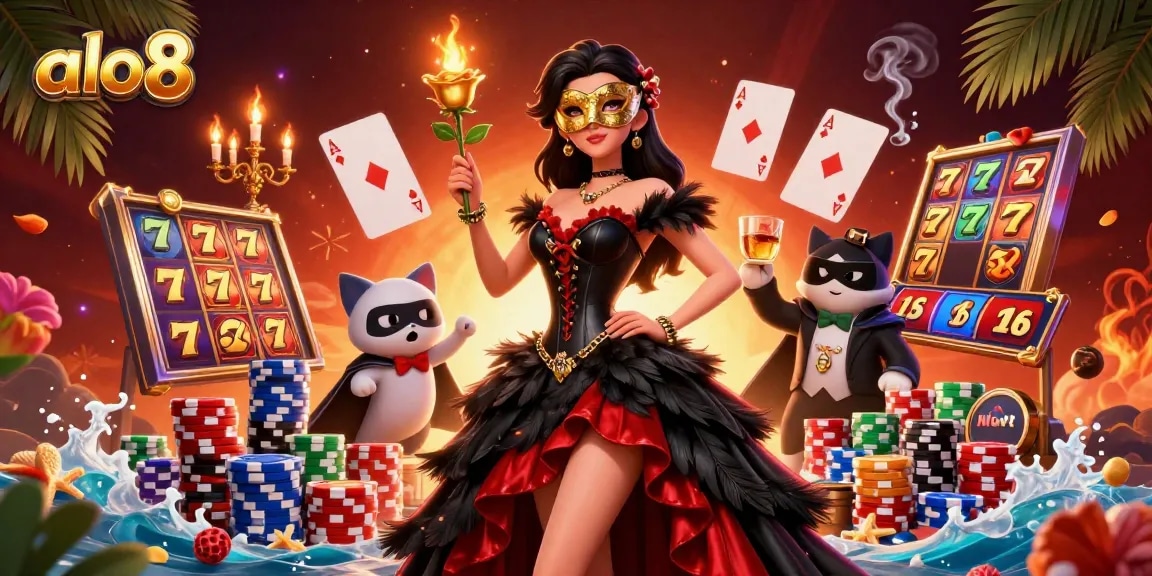 Play slots at alo8 with dynamic casino-themed illustration featuring luck, glamour, and excitement.