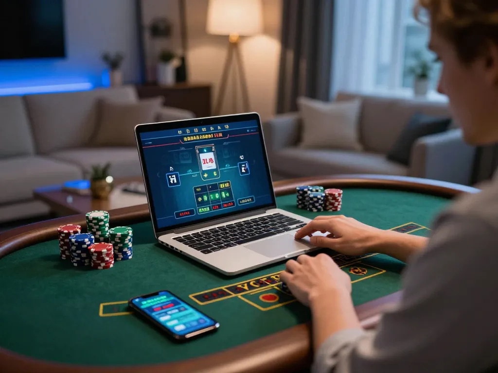 tv88 player engaging in online casino gaming session, showcasing strategic betting decisions in a cozy setup