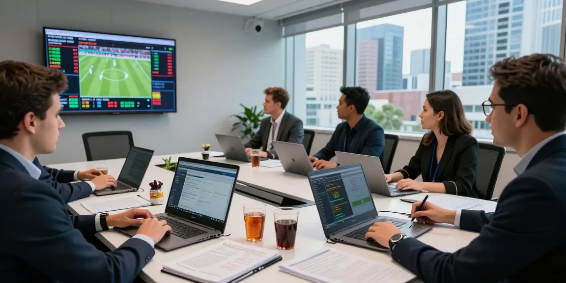 Soccer betting analysis with expert analysts providing nhận định kèo nhà cái insights in a modern sports office.