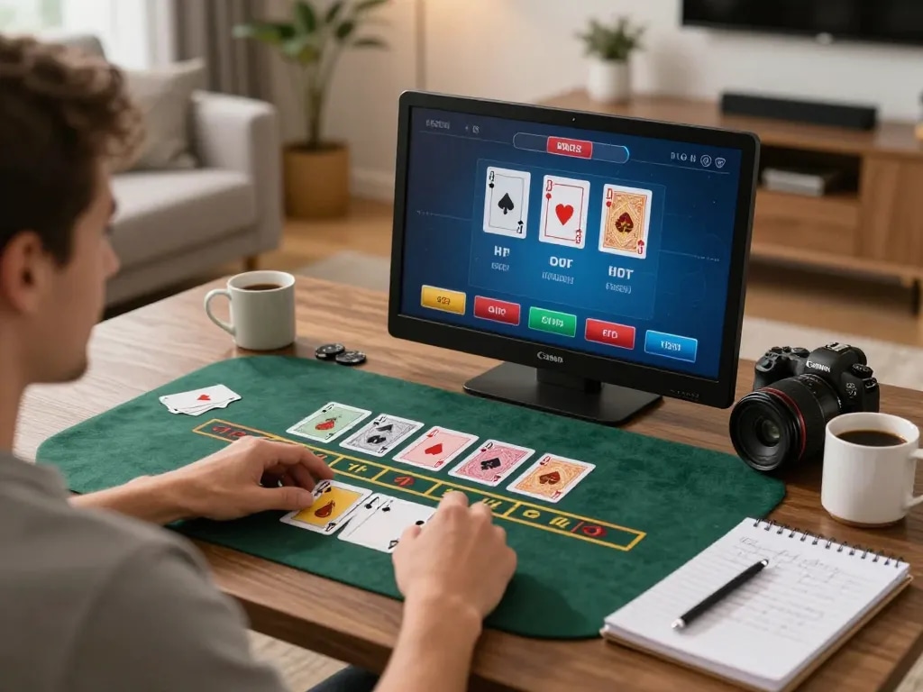 Player engaging in an online F8bet blackjack game from the comfort of home, highlighting strategic gameplay.
