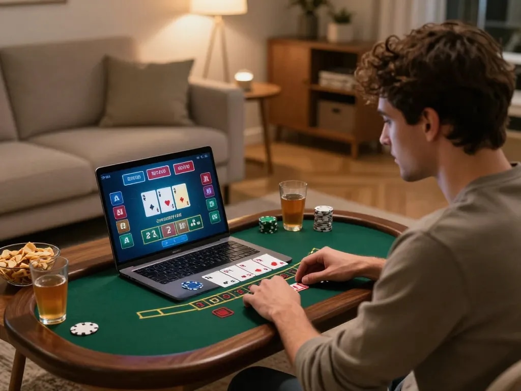 Player engaged in live blackjack at home on 98wincom laptop, showcasing online gambling excitement