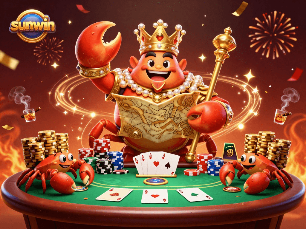 Join the sunwin casino adventure with a golden crab emperor and poker excitement.