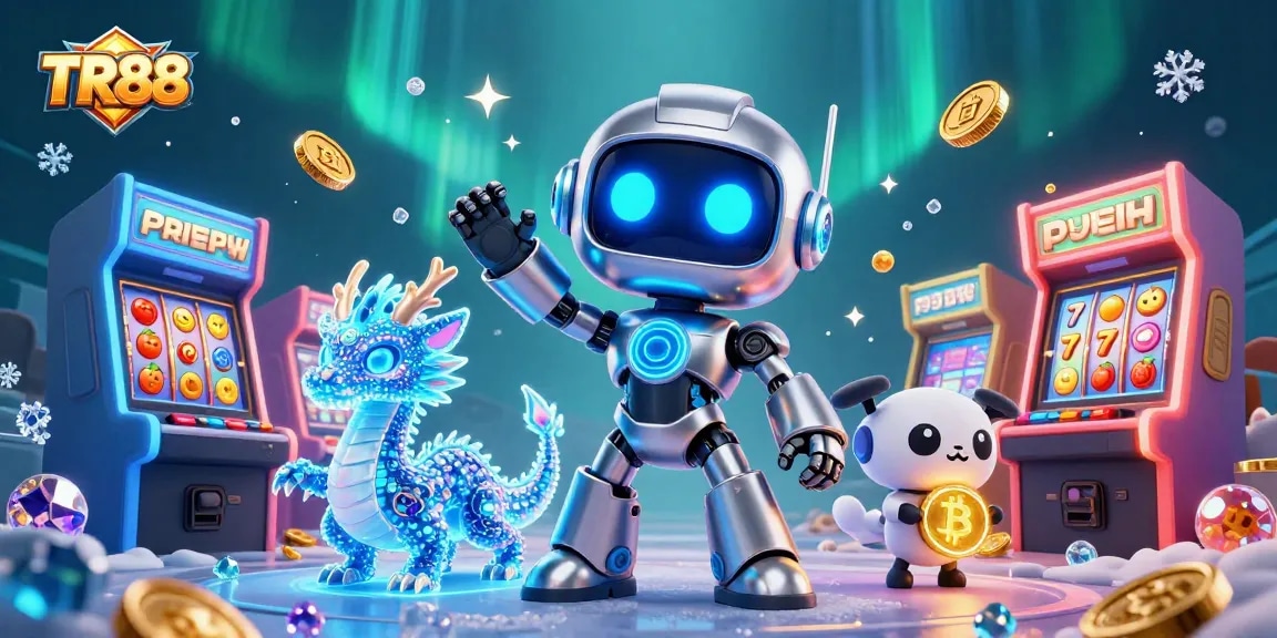 Experience TR88 with a vibrant 3D animated casino scene featuring a cyberpunk robot and game elements.