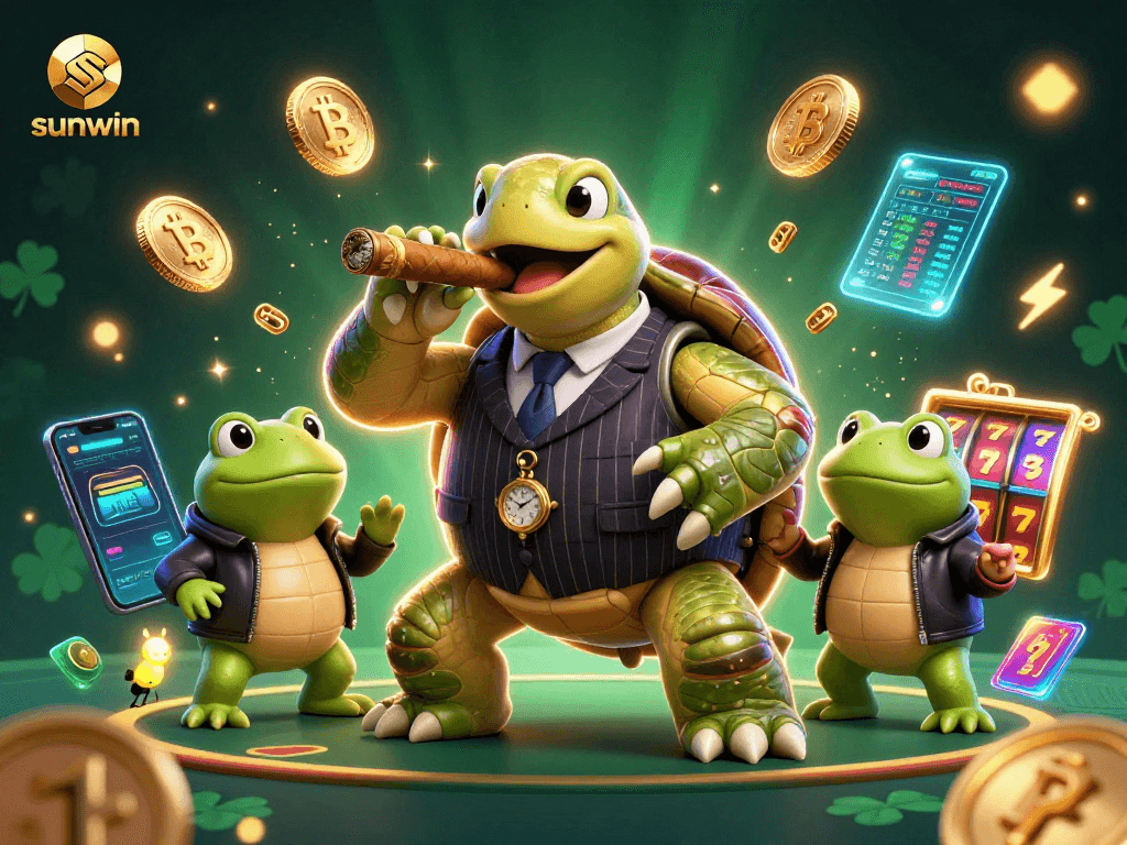Engage with sunwin's vibrant casino scene featuring a mobster turtle and bullfrogs amidst Bitcoin and slot reels.