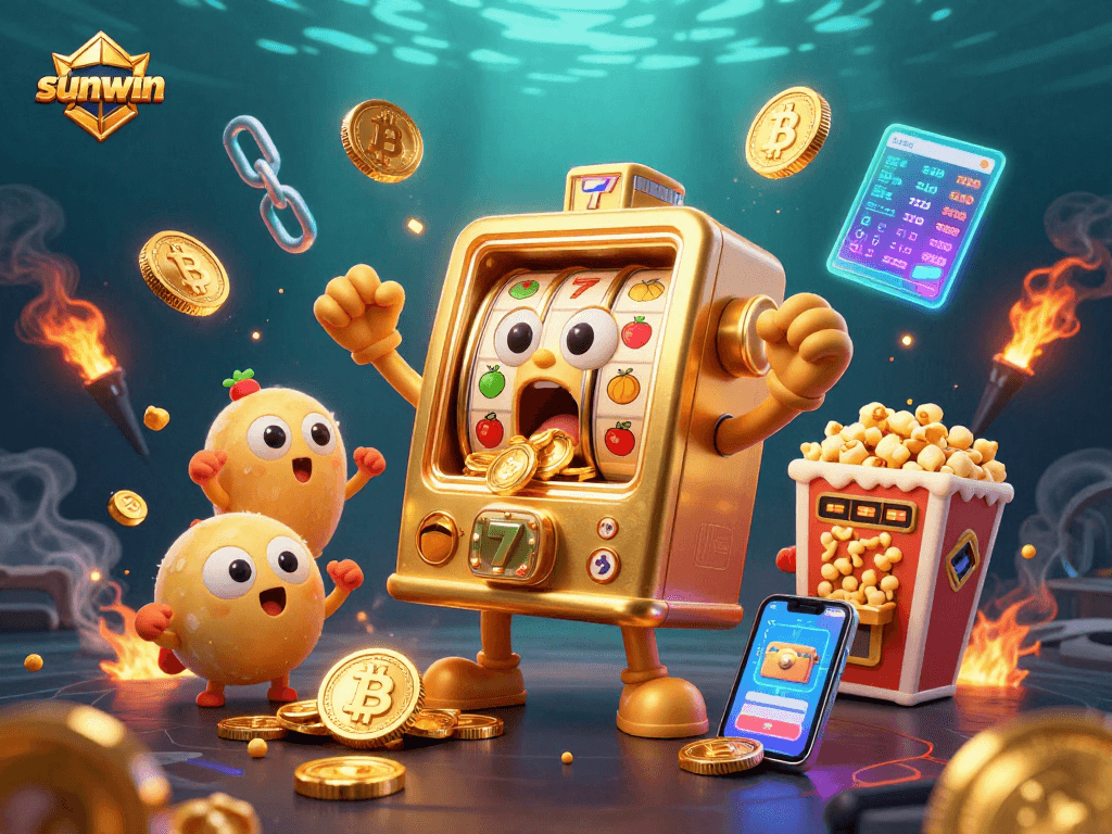 sunwin slot machines cheer as a jackpot is hit, with crypto elements enhancing the scene