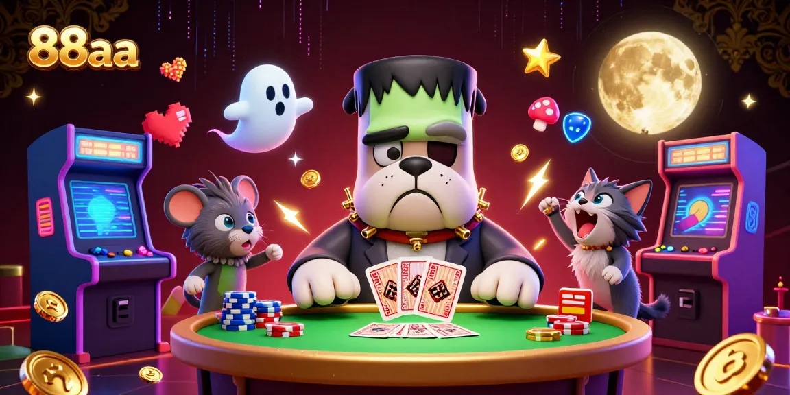 88aa showcases a lively scene with a Frankenstein bulldog and a werewolf kitten in a vibrant casino.