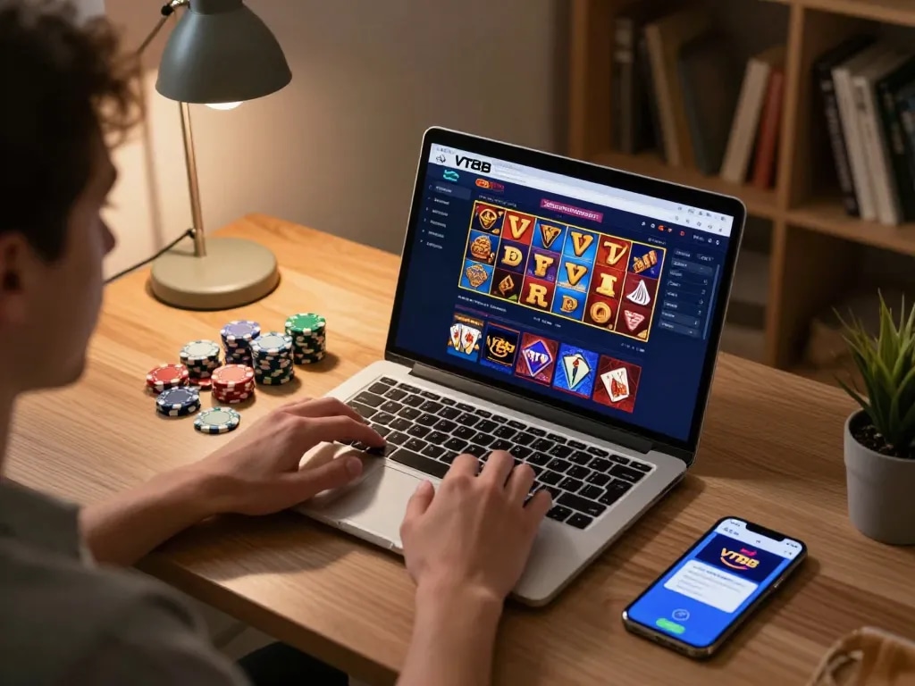 Player engaging with VT88 casino platform on laptop, surrounded by colorful gaming chips.