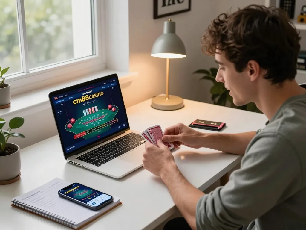 Excited player engaging with cm88casino's live dealer blackjack game on laptop, showcasing a strategic betting atmosphere.