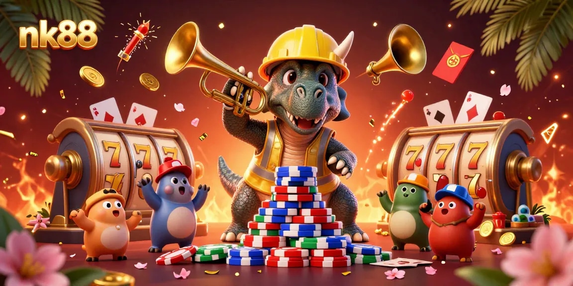 Join nk88 in a vibrant celebration of casino excitement with triceratops building poker chip pyramids.