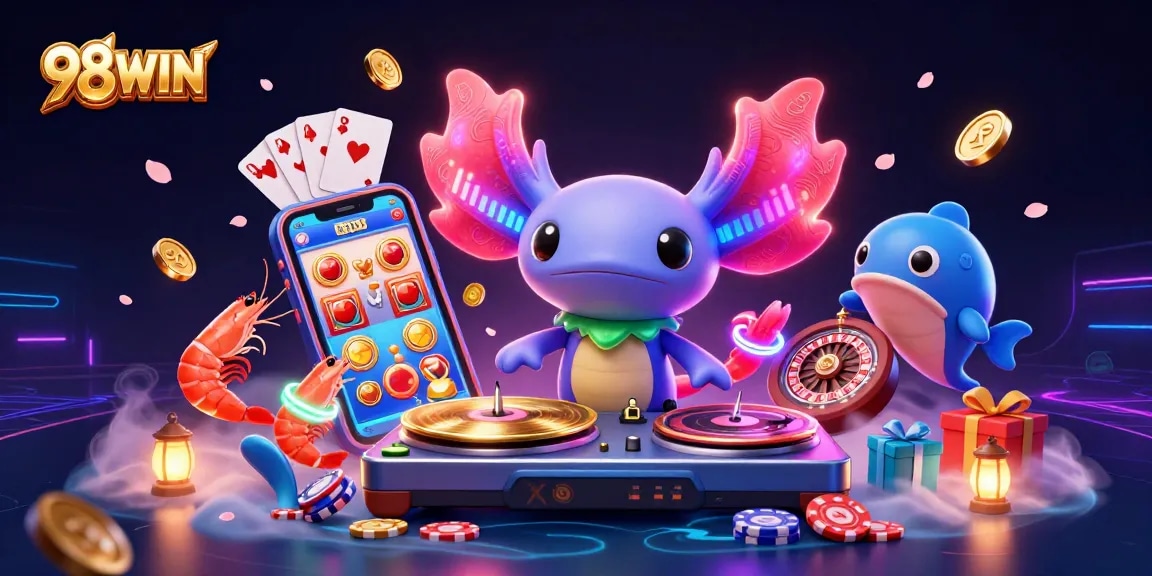 Engage with 98WIN's vibrant gaming world featuring an axolotl DJ and slot games.