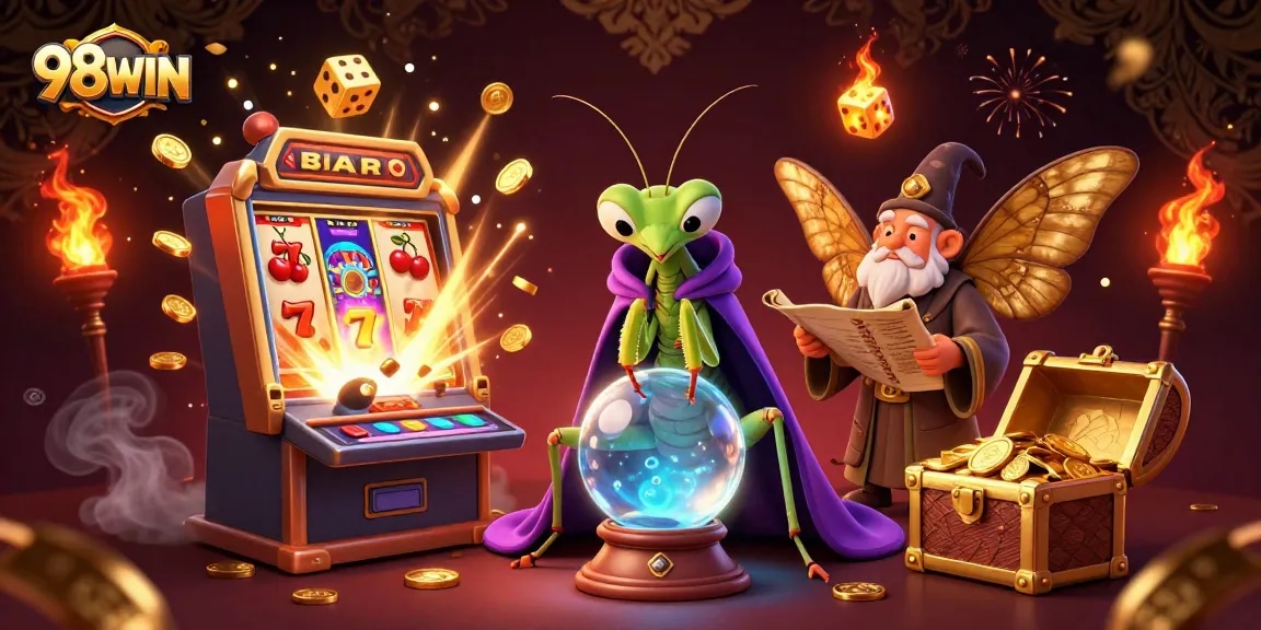 Experience the thrill of 98WIN with vibrant casino action and magical characters in an engaging 3D scene.