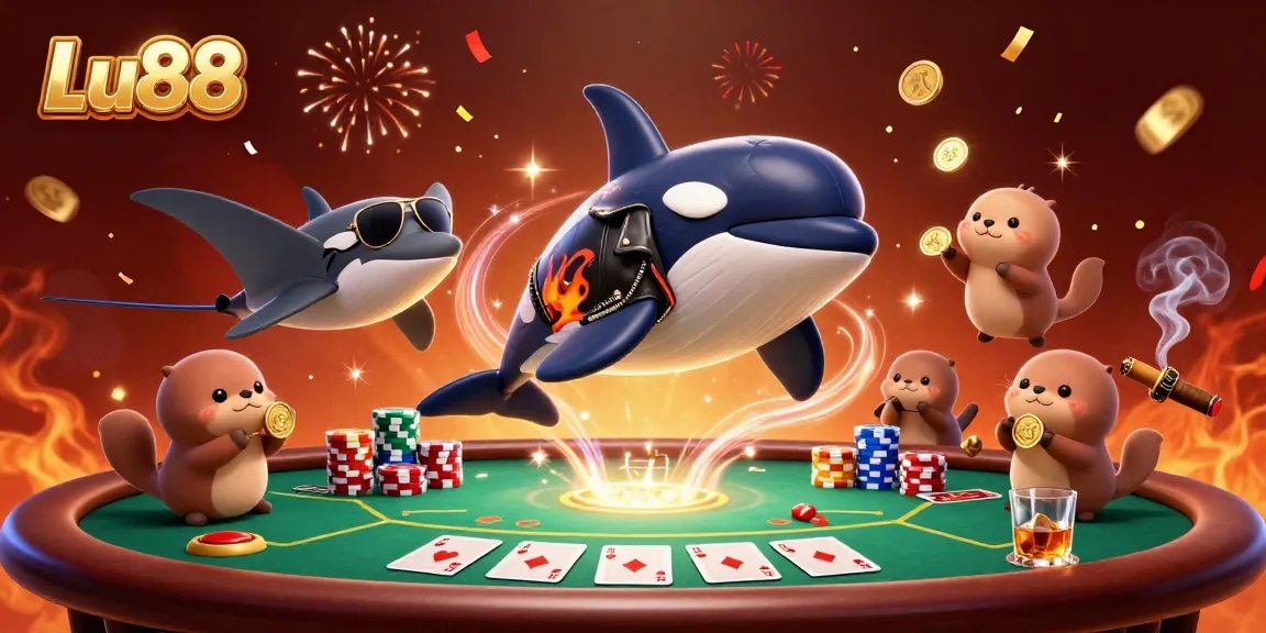 Lu88 highlights a vibrant underwater casino scene with animated characters celebrating winnings.
