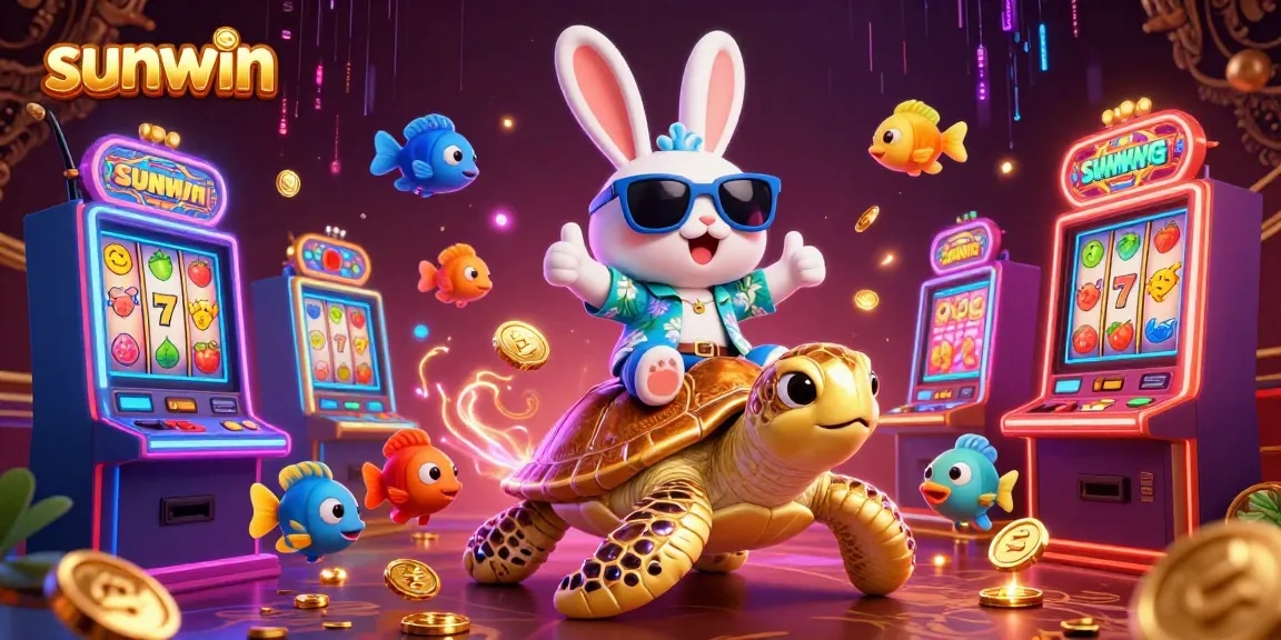 Experience the thrill of sunwin slots with a lucky rabbit and golden turtle in a vibrant casino scene.