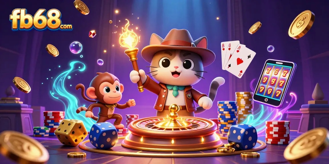 Experience the thrill of fb68com with a cartoon adventurer in a treasure-filled casino temple