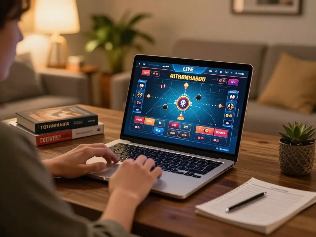 Engaging with lc88 live dealer game on a laptop in a cozy home setup, showcasing strategic gambling.