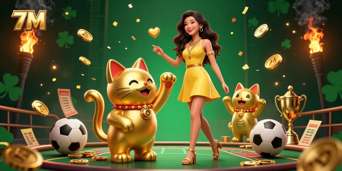 Engage with 7M's vibrant sports betting scene, featuring a cheerful woman and a lucky cat.