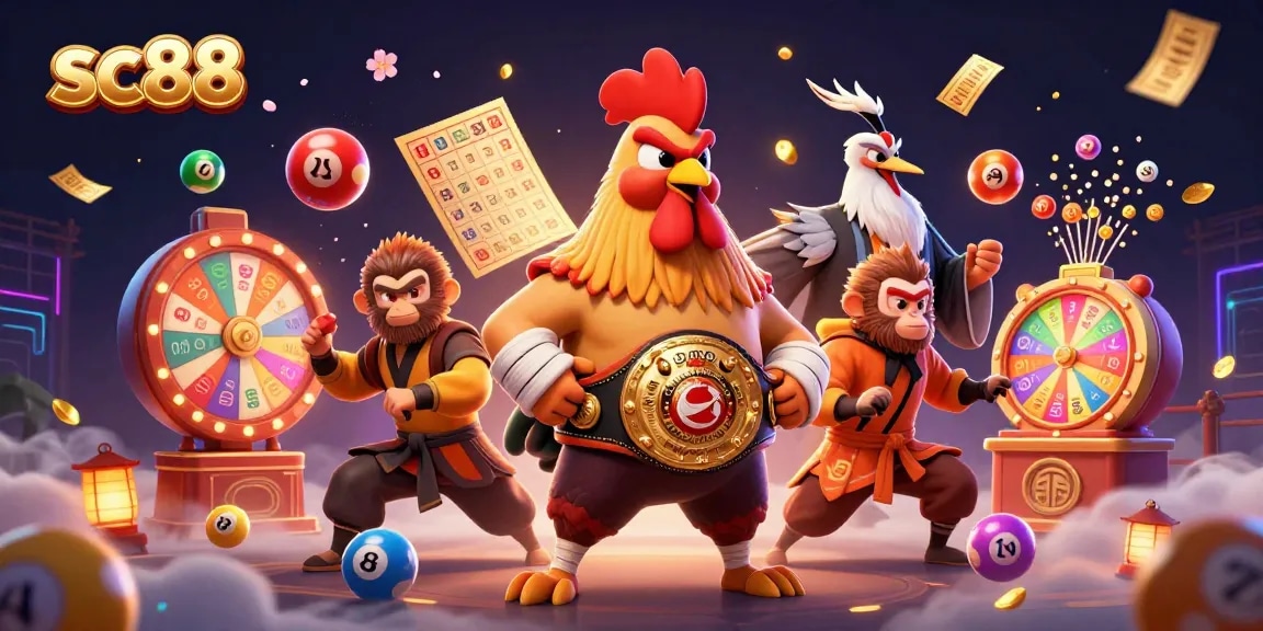 Engage in thrilling gameplay at sc88, showcasing lottery balls, vibrant prizes, and dynamic casino action.