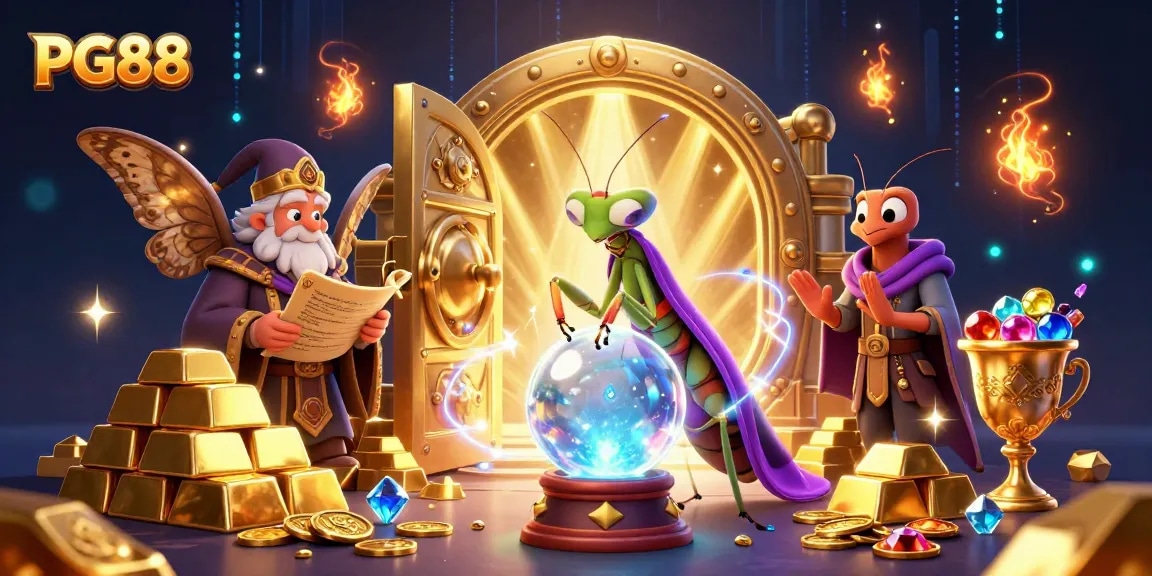 Experience the thrill of PG88 casino adventures with vibrant characters, gold treasures, and mystical elements shining.