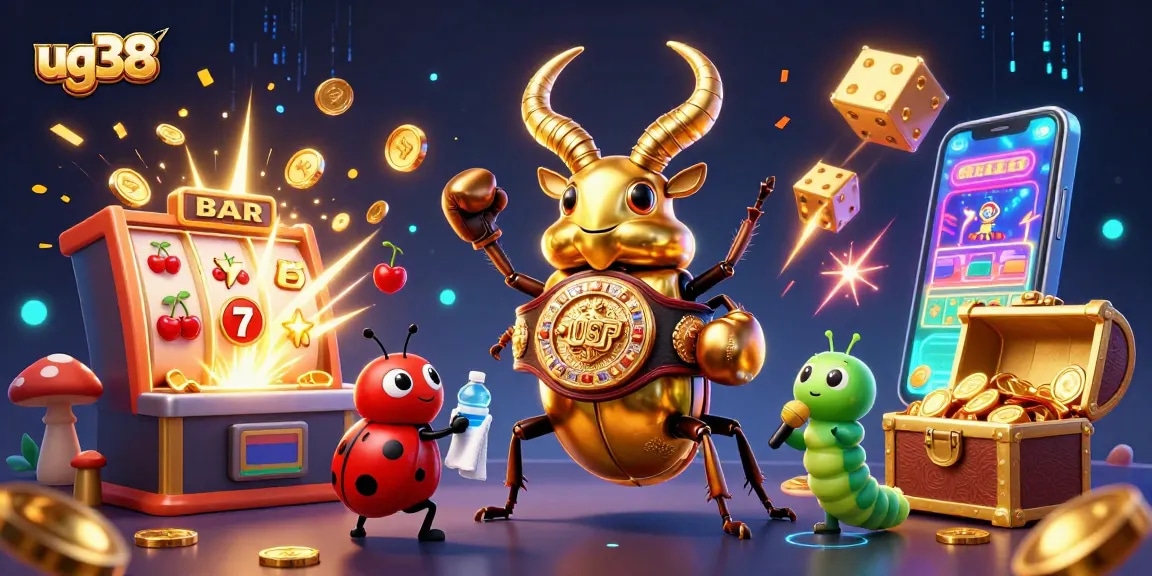 Engage with ug38's casino world, featuring a giant beetle boxing champion amid slot machines and confetti.