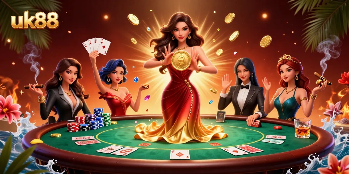 Experience thrilling wins at uk88 with a stunning 3D illustration of a casino setting featuring vibrant characters