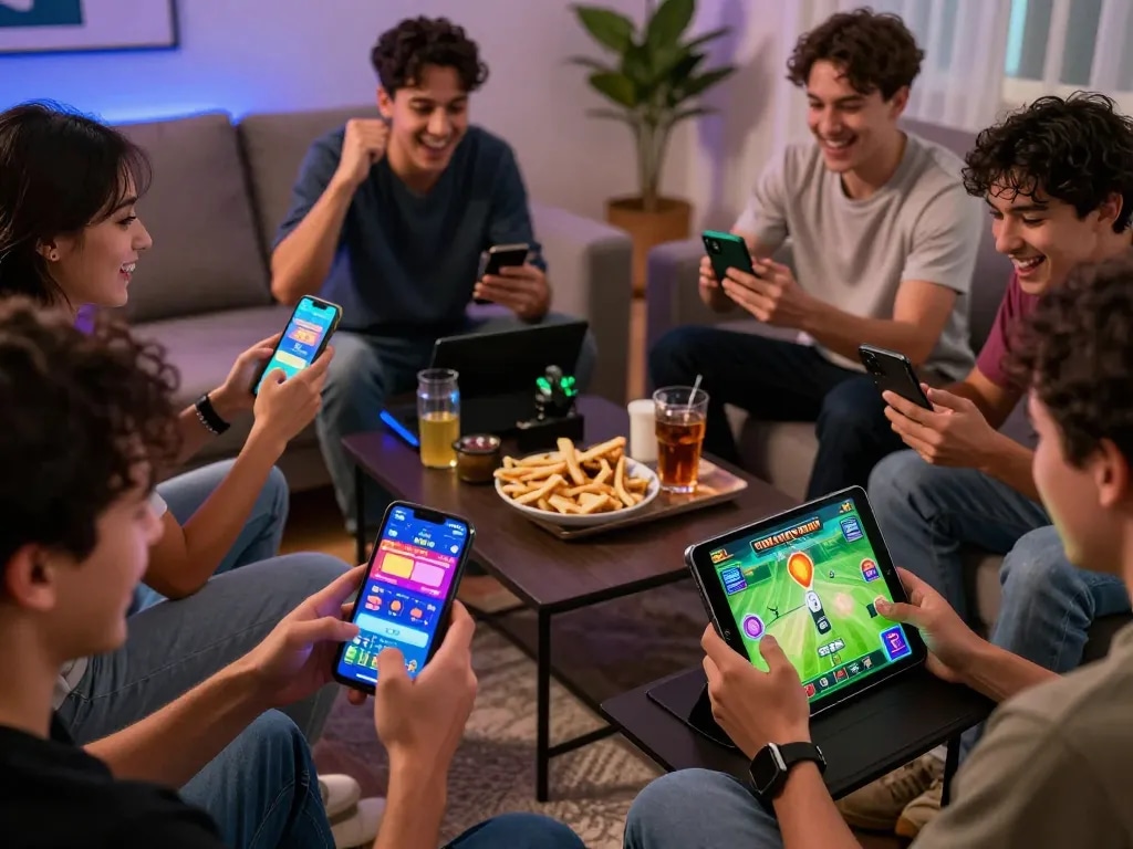 Friends gaming together on https://79kingg.us/ enjoying casino and sports games in a lively home setting.
