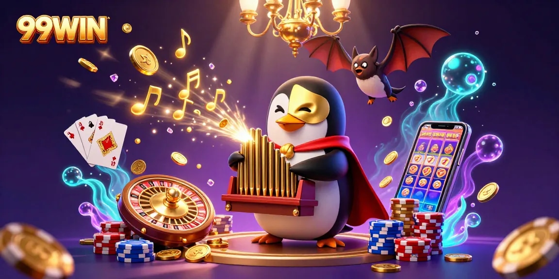 Experience the excitement of 99WIN with a vibrant scene of casino thrills and golden rewards.