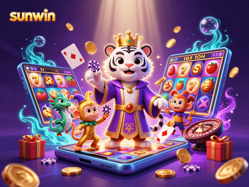 Engage with sunwin through an exciting 3D illustration showcasing vibrant slots and rich casino elements.