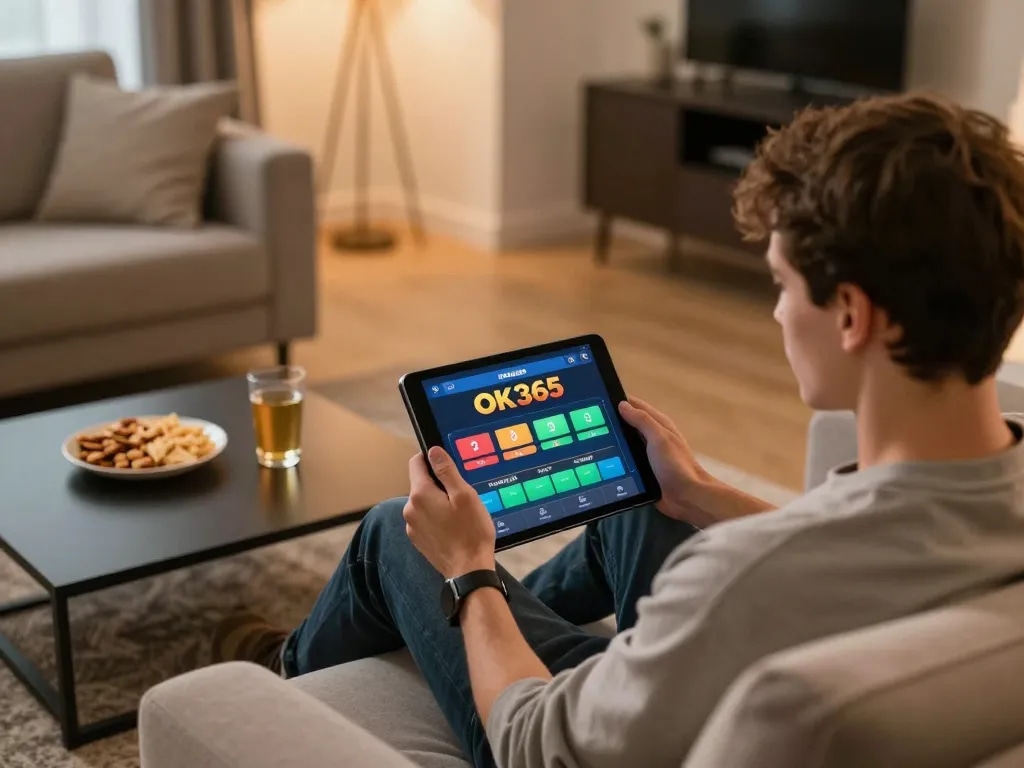 Engaging with the OK365 app for an immersive online gambling experience at home.
