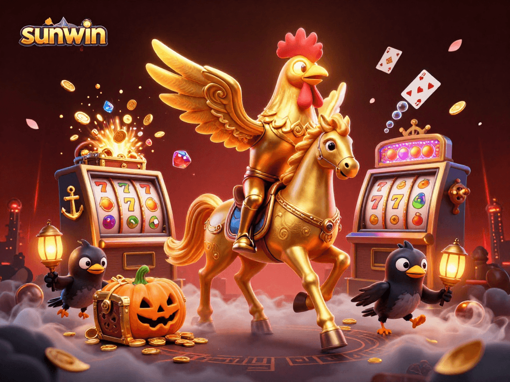 Experience exciting sunwin gameplay with a golden rooster and his lantern-carrying companions in a vibrant casino.